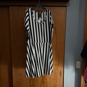 Striped Black and White Mini Dress with Scoop Neck